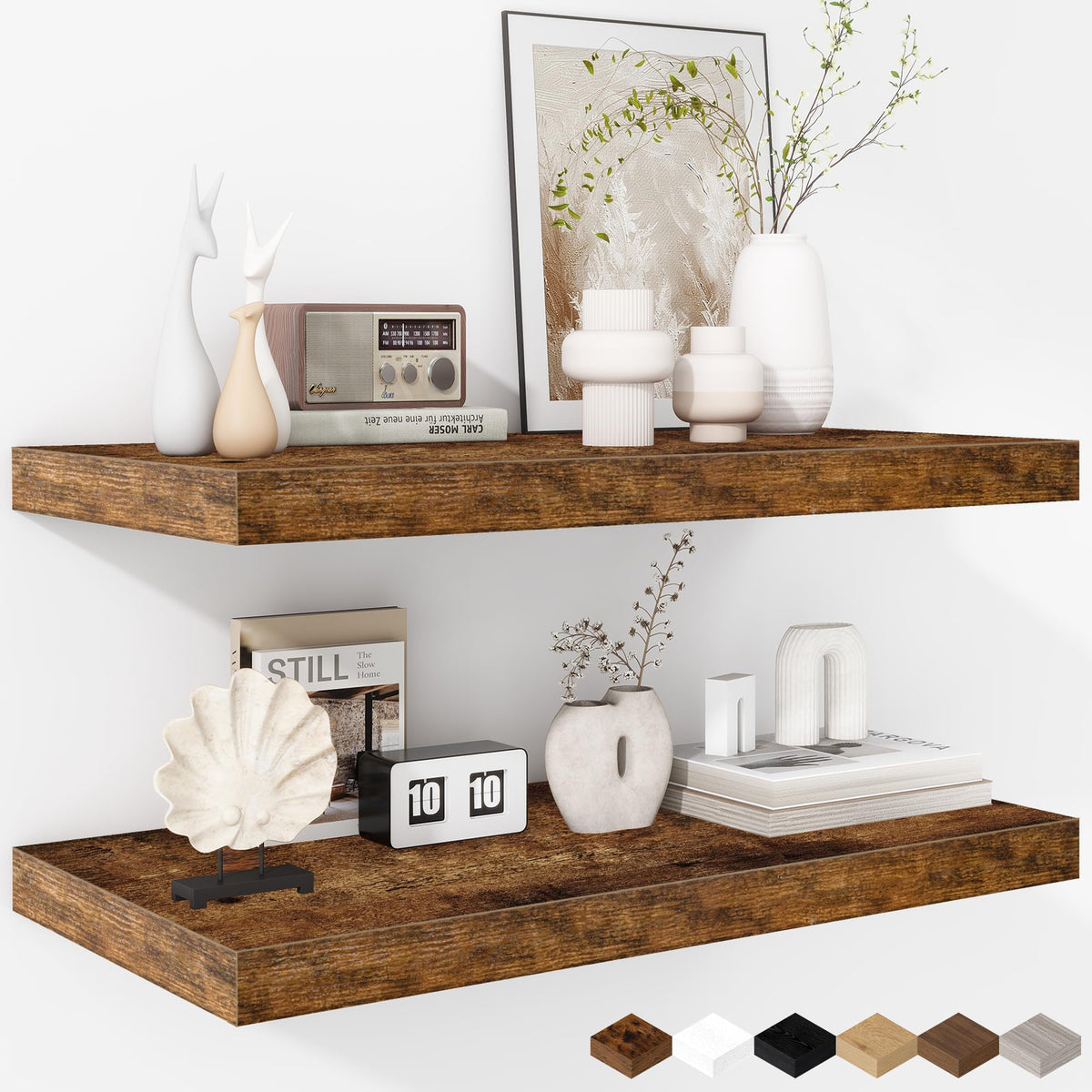 Fun Memories Floating Shelves - 2 Pack 12 Inch Rustic Wooden Wall Shelves - Extra Deeper & Thicker Wall Mounted Storage Shelf for Living Room, Kitchen, Farmhouse - 36" W x 12" D x 1.8" H - Brown