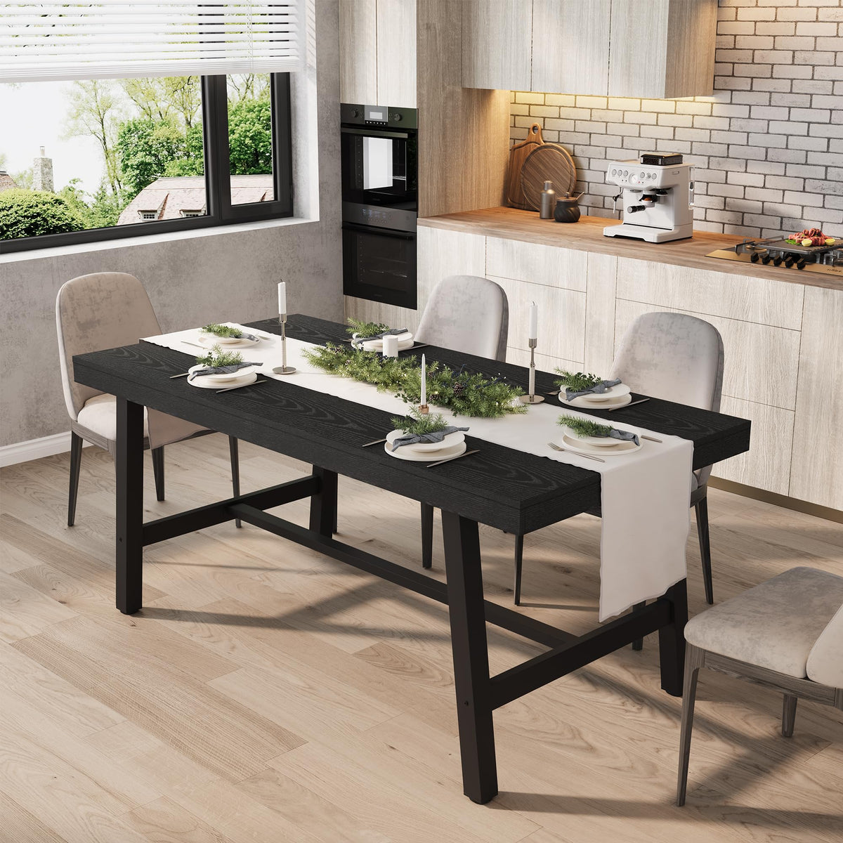 GarveeHome Industrial Dining Table for 6-8 People, 70.87" Long Large Kitchen Table with Sturdy Metal Frame, Rectangular Counter for Dinner, Kitchen, Dining Room (Grey, 71" Non-extendable)