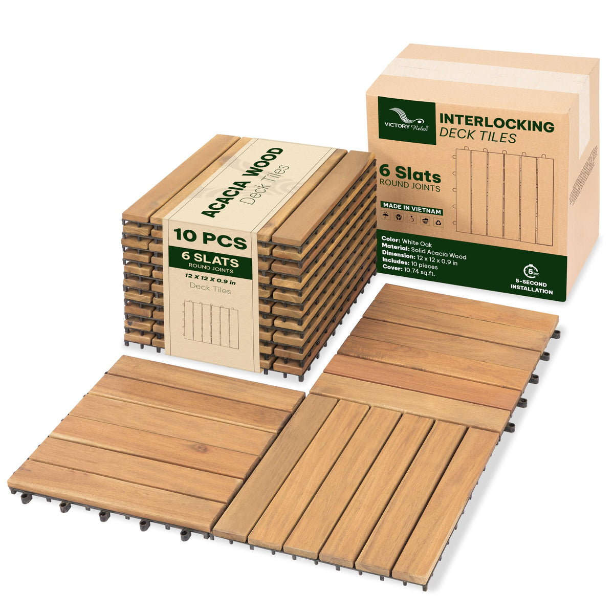 VICTORY RELAX Natural Acacia 12x12 Interlocking Wood Deck Tiles for Balcony, Garden, Patio, Poolside Decor - Waterproof Indoor & Outdoor Flooring - 12 Slats, Round Joints, Pack of 27, Natural Color