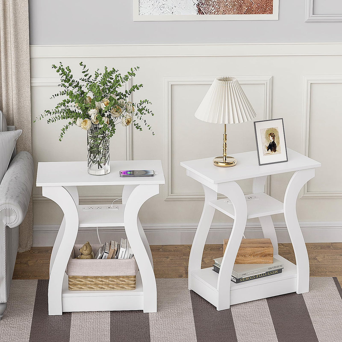 FROMJBEST End Tables Living Room Set of 2 with Charging Station, Black