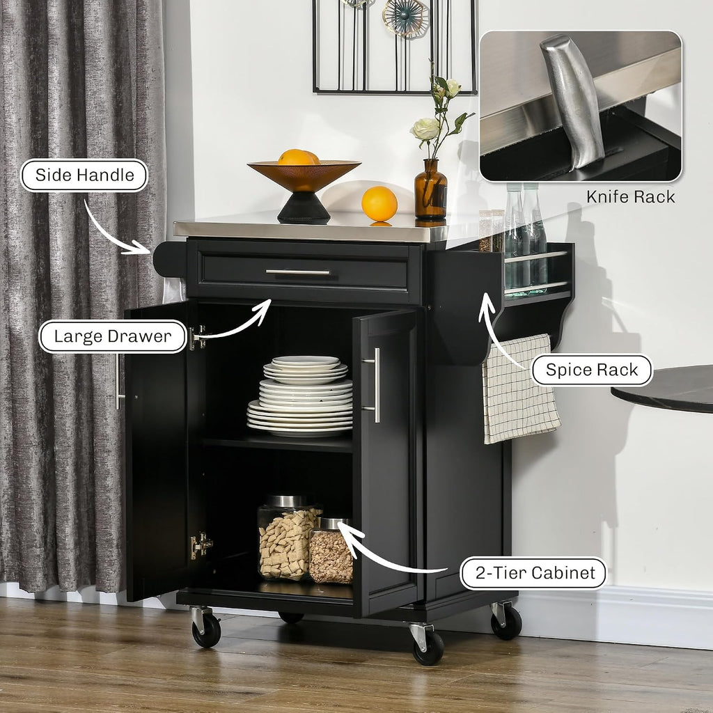 HOMCOM Kitchen Island on Wheels with Stainless Steel Countertop Black