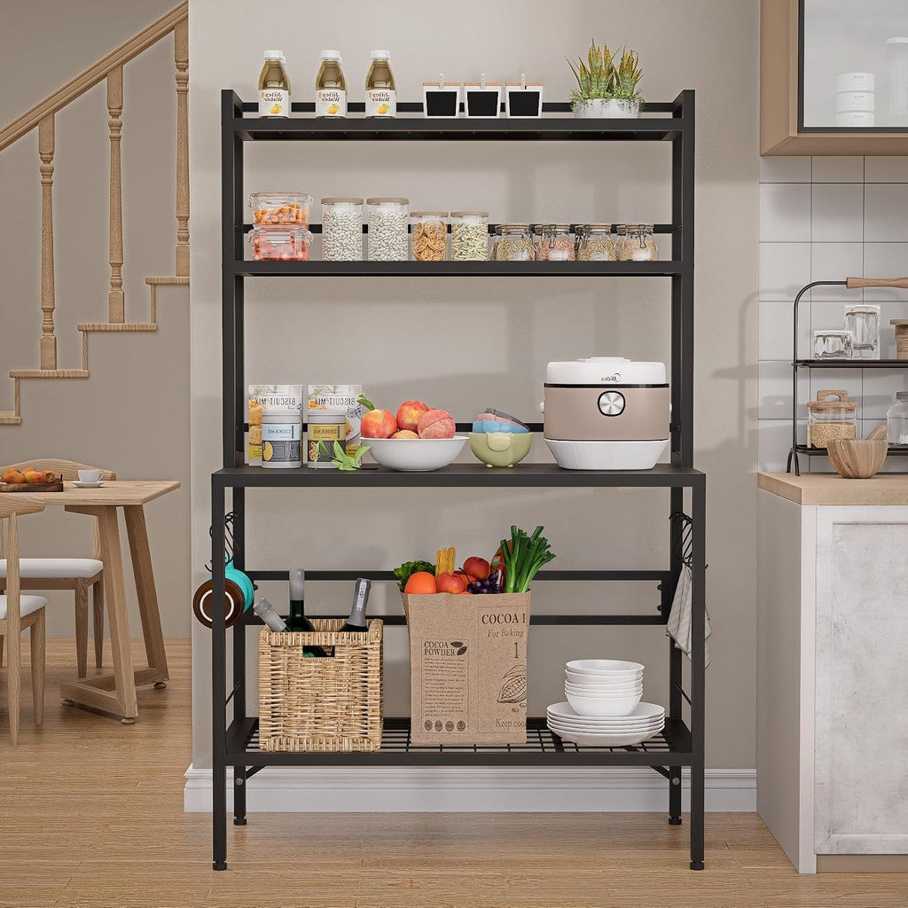Bakers Rack with Open Bottom, 63''H Metal Microwave Stand with 8 Hooks, 4-Tier Heavy Duty Baker's Rack with Mesh Shelf, Multi-Purpose Display Rack&Potting Bench Table for Patio, Black