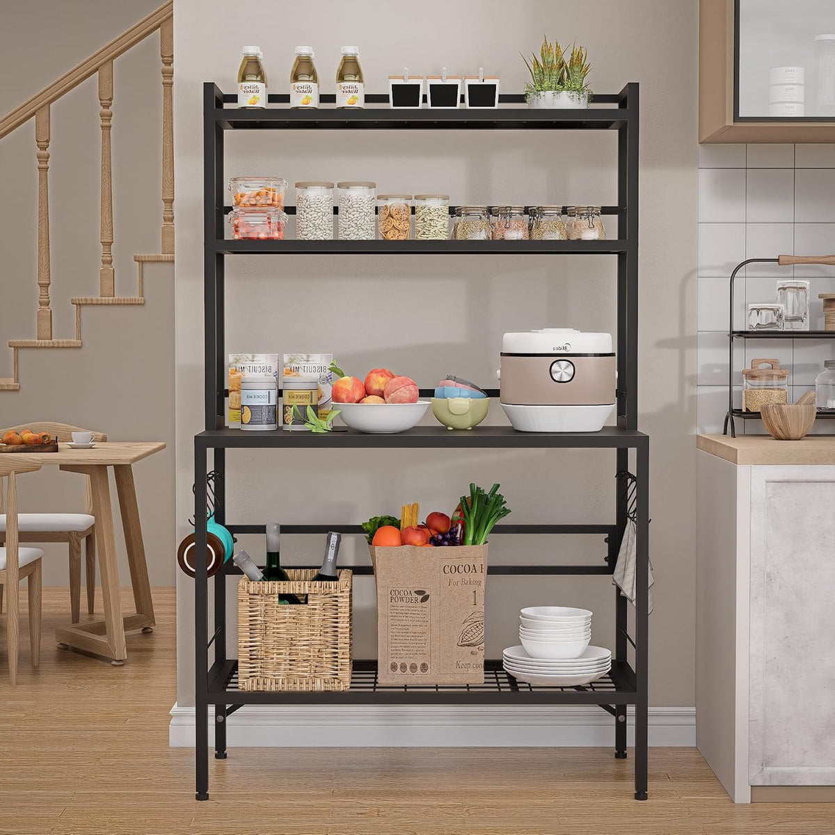 Bakers Rack with Open Bottom, 63''H Metal Microwave Stand with 8 Hooks, 4-Tier Heavy Duty Baker's Rack with Mesh Shelf, Multi-Purpose Display Rack&Potting Bench Table for Patio, Black