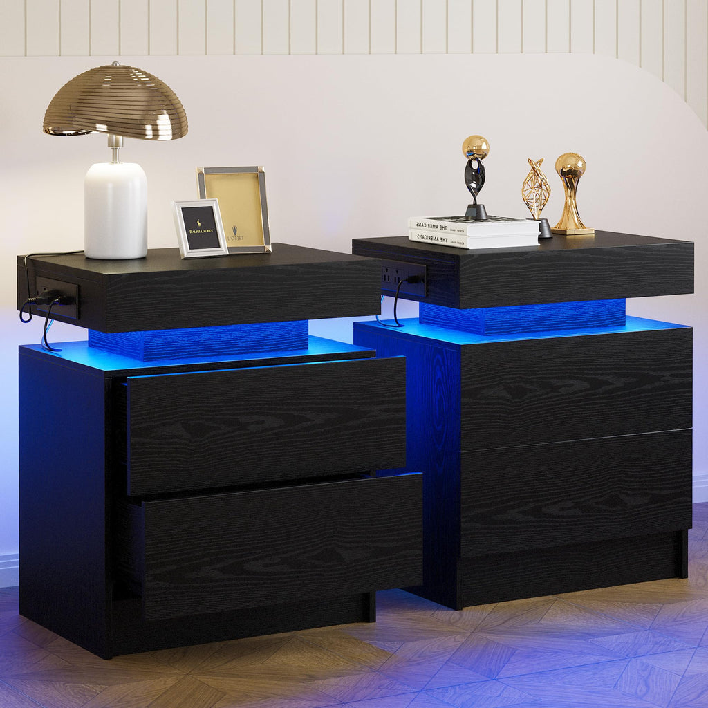 LIKIMIO Nightstand with Charging Station LED Light and 2 Drawers Black
