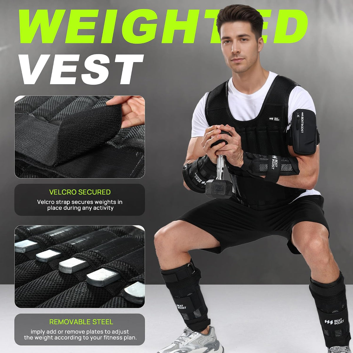 BeatBoost Weighted Vest Men 20lb/30lb/40lb/50lb/60lb Adjustable Weight Vest with Steel Plates Weight for Running Workout