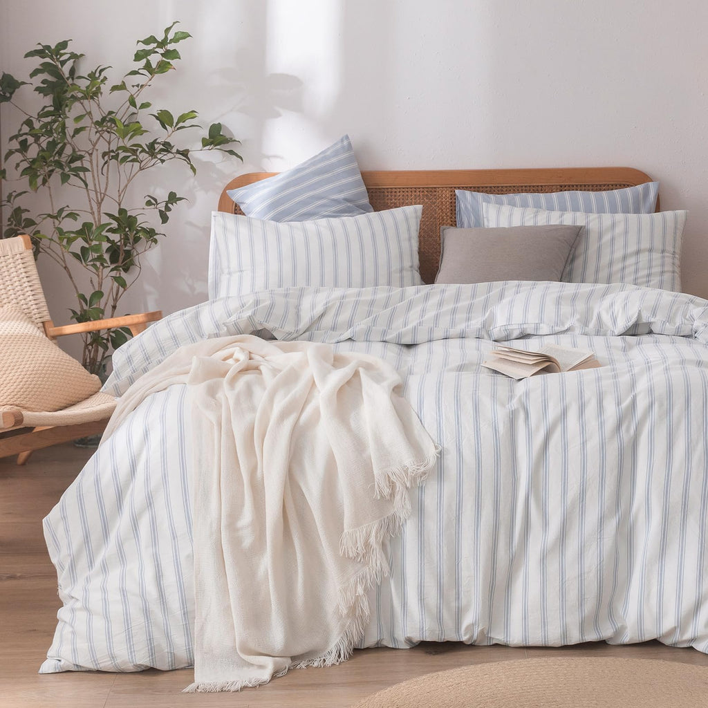BESTOUCH Cotton Solid Duvet Cover Set Linen Feel Cornflower Blue Queen
