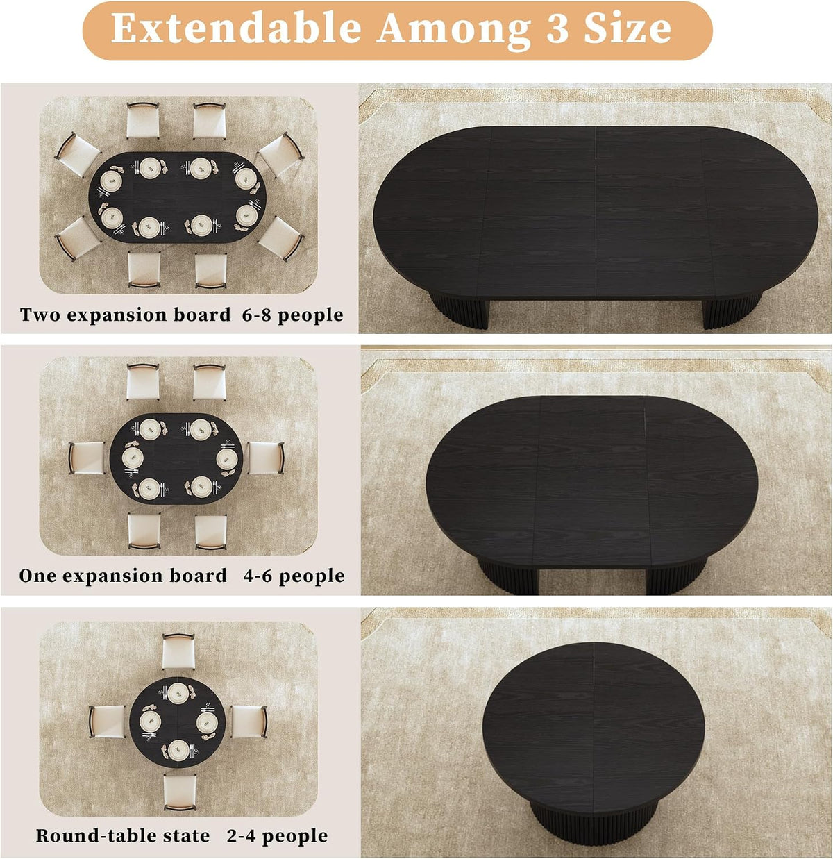 HUAHUU Extendable Round Dining Table for 4-8, 39in-77in Long Large Kitchen Table with Fluted Base, Space Saving Modern Farmhouse Oval Dinner Tables for Dining Room, Kitchen, Living Room, Black