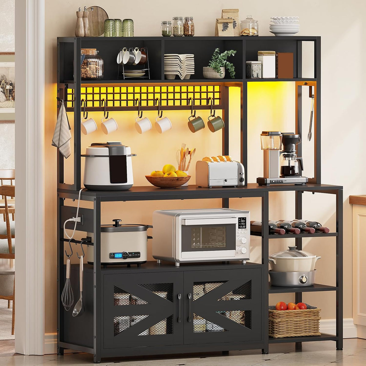 Itaar 47.2 Inch Bakers Rack with Power Outlet, Microwave Stand with Storage, Farmhouse Coffee Bar Cabinet Station with Wine Rack, Iron Mesh and 8-S Hooks (Black)
