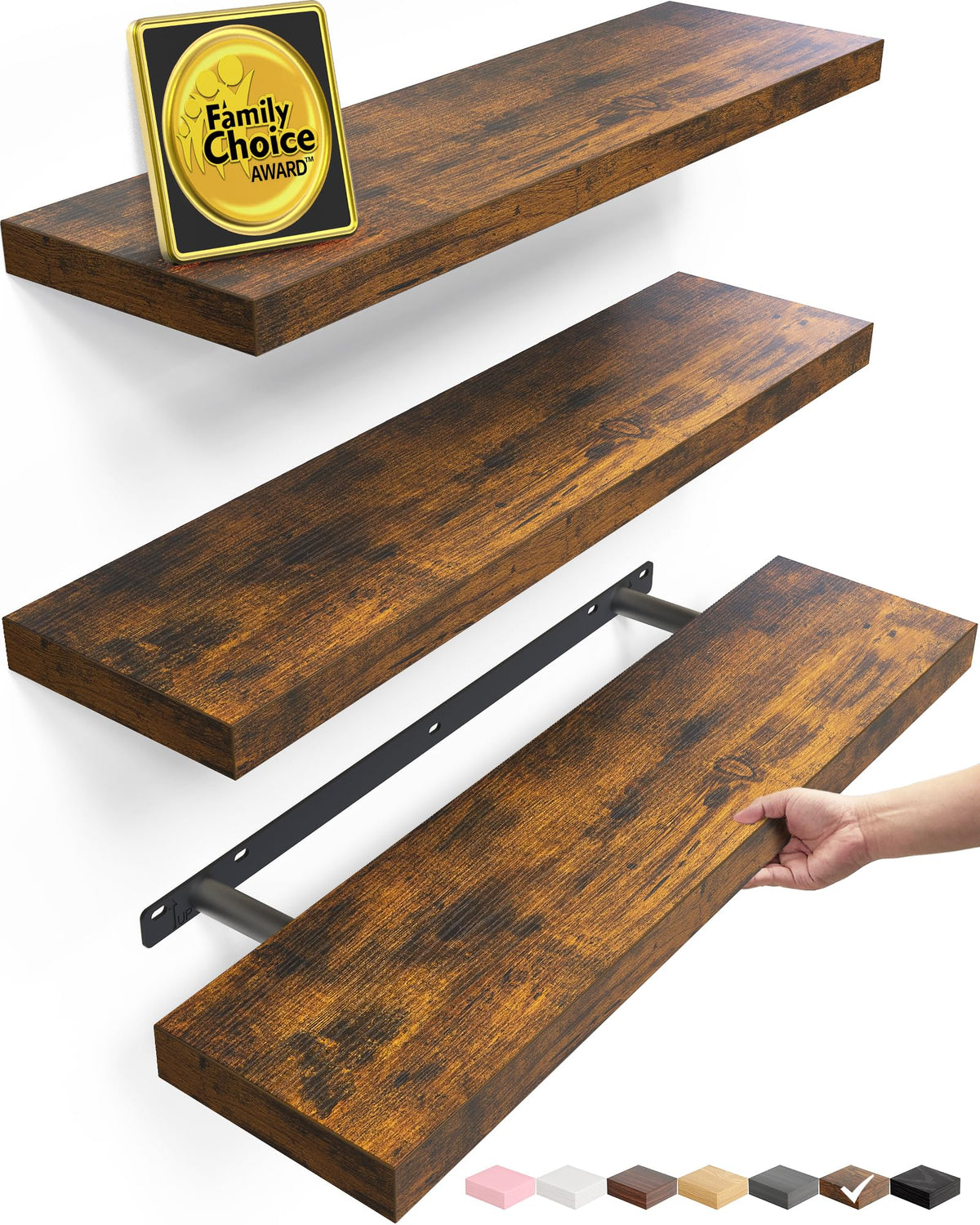 BAYKA Rustic Brown Floating Shelves 35.4in, Set of 2, Wall Mount Wood Shelf