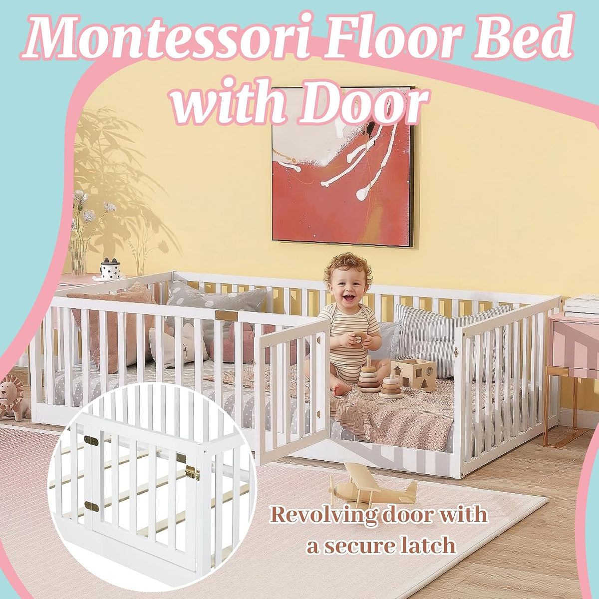 Twin Montessori Floor Bed with High Rails, Door & Slats for Kids, White