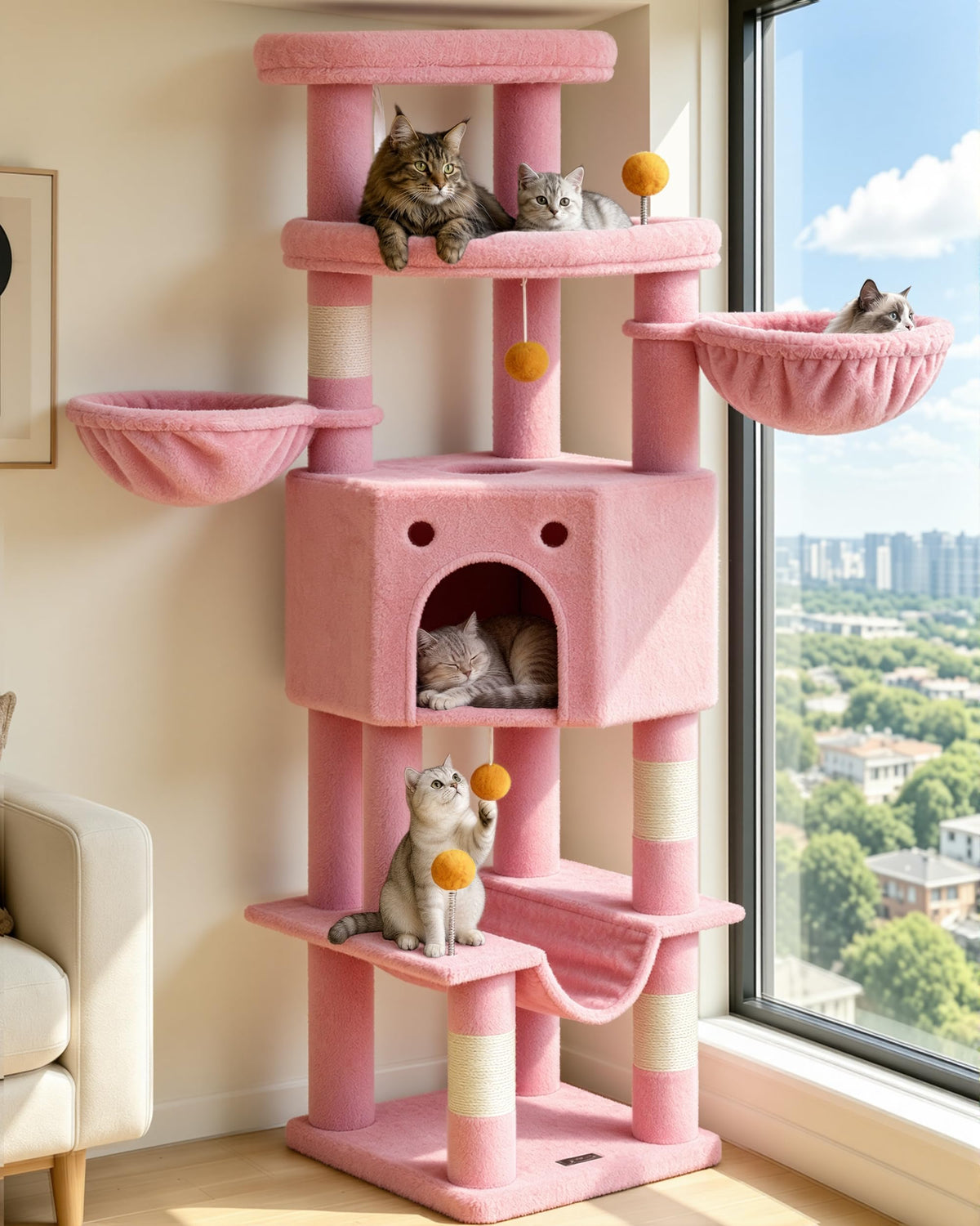 Cat Tree Tower for Indoor Large Adult Cats, 73in Tall Heavy Duty with Perch