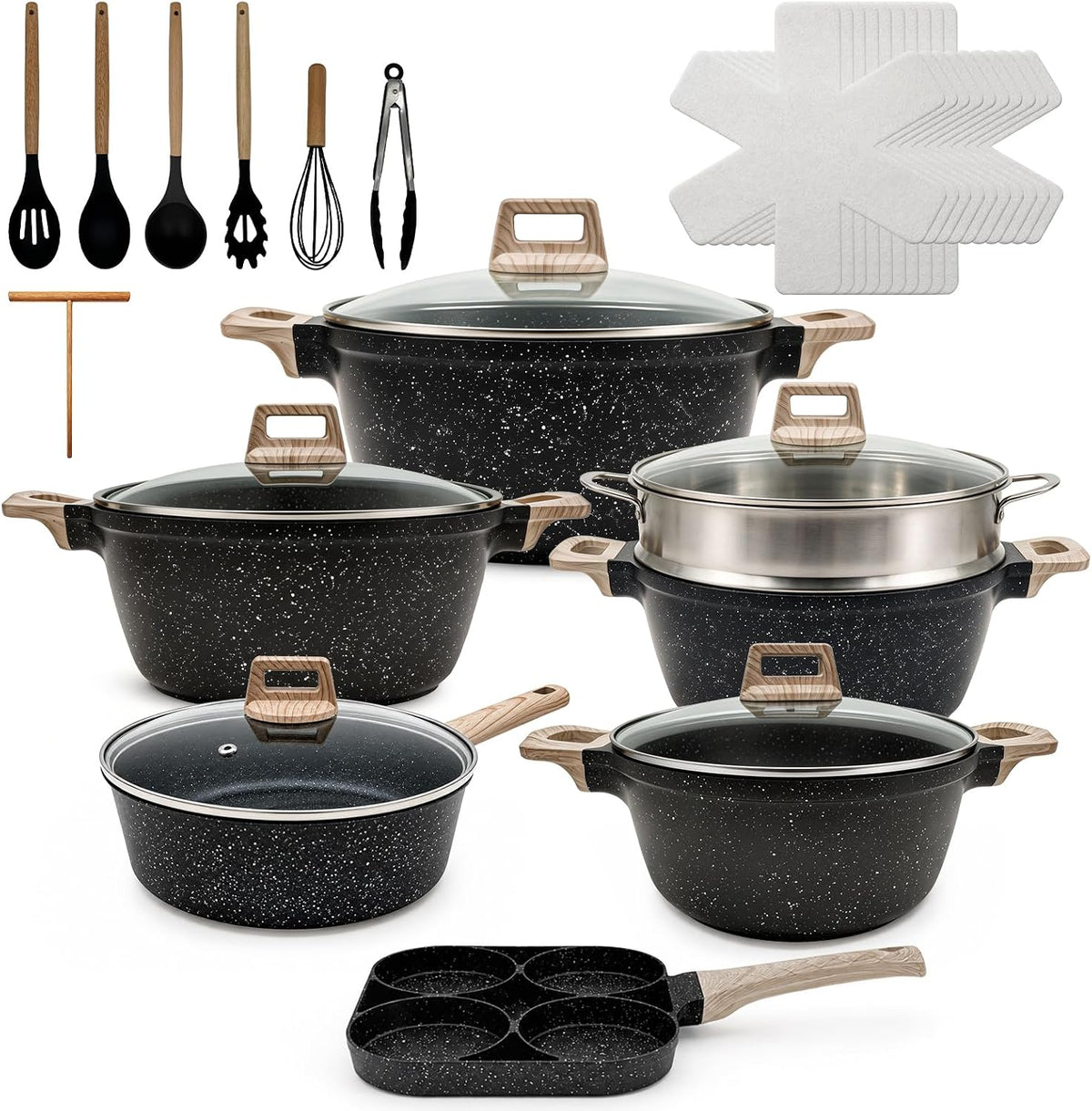 29-Piece Nonstick Cookware Set, Sauce Pots and Pans,3.5QT/4QT/5QT/8.8QT STOCK POT,10 PAN protector,7 utensil,All Cooktops Compatible, Includes Steamer,black