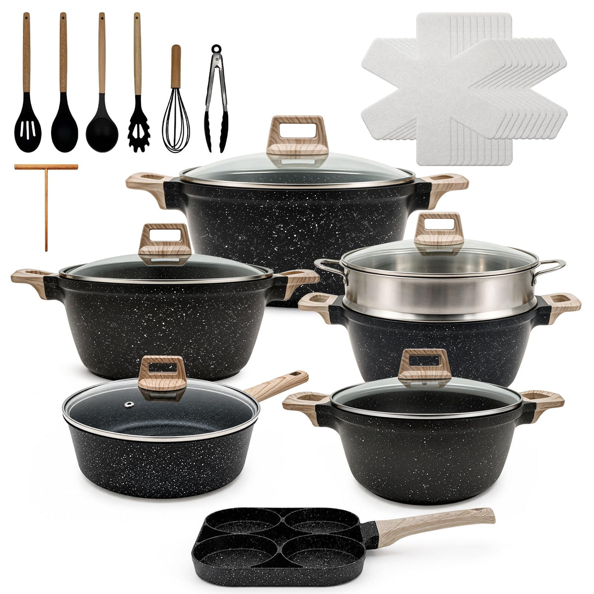 29Pcs Pots Pans Set Ceramic Nonstick Cookware Sets,White Fish Scale Pattern,Saucepot,With Frying Egg Pans and a Heat-Resistant Glass Lid,Silicone Kitchenware Included|For Induction Cooktops