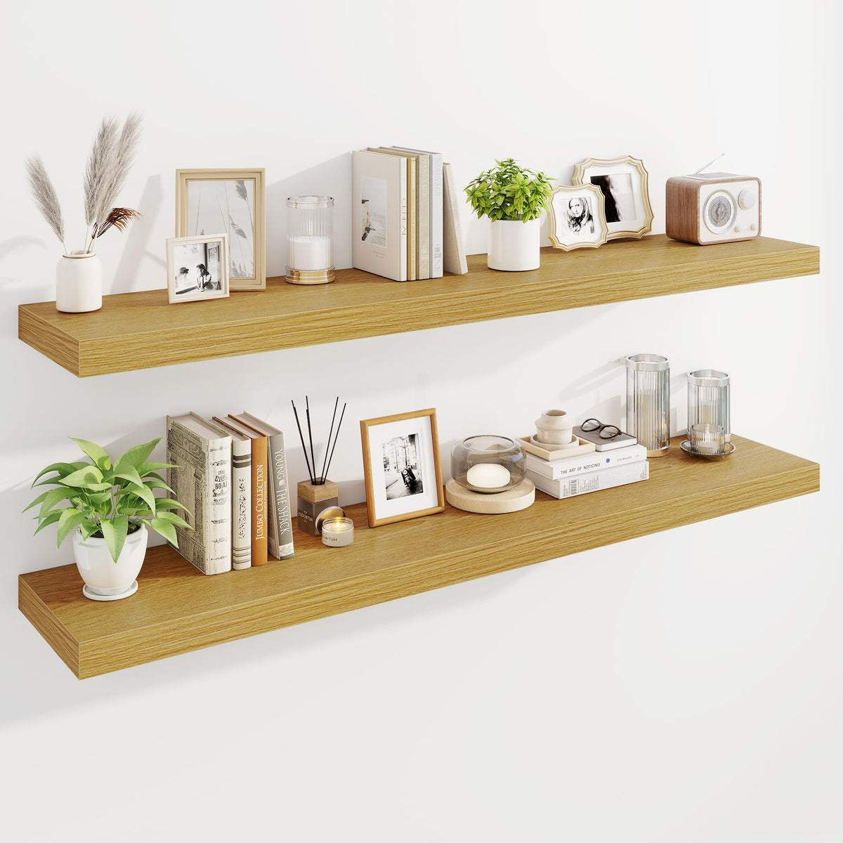 Marsmiles 55" Floating Shelves for Wall, Wooden Shelves with Invisible Brackets Set of 2, Rustic Farmhouse Wall Mounted Shelf for Kitchen Bathroom Living Room Study, White