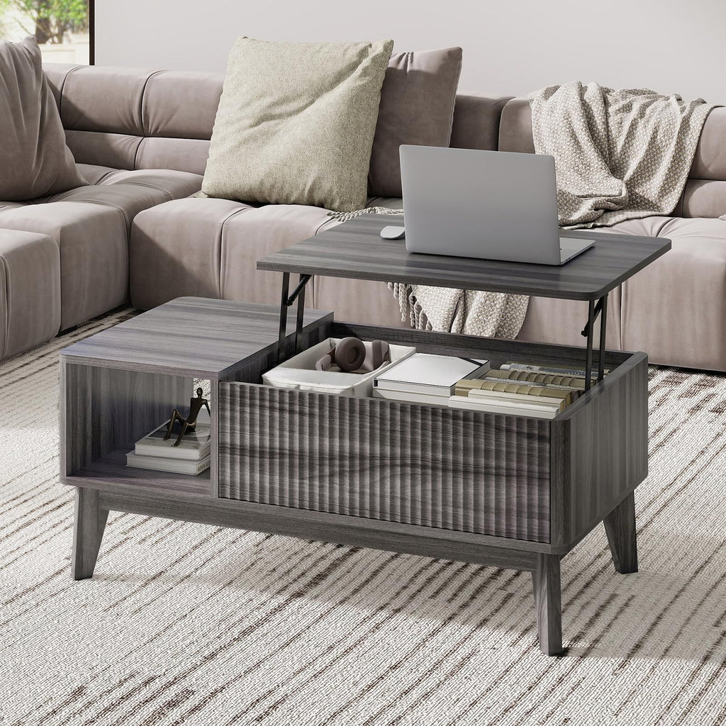 LYNCOHOME Fluted Lift Top Coffee Table with Storage, Modern Coffee Table for Living Room, Home Office(Natural)