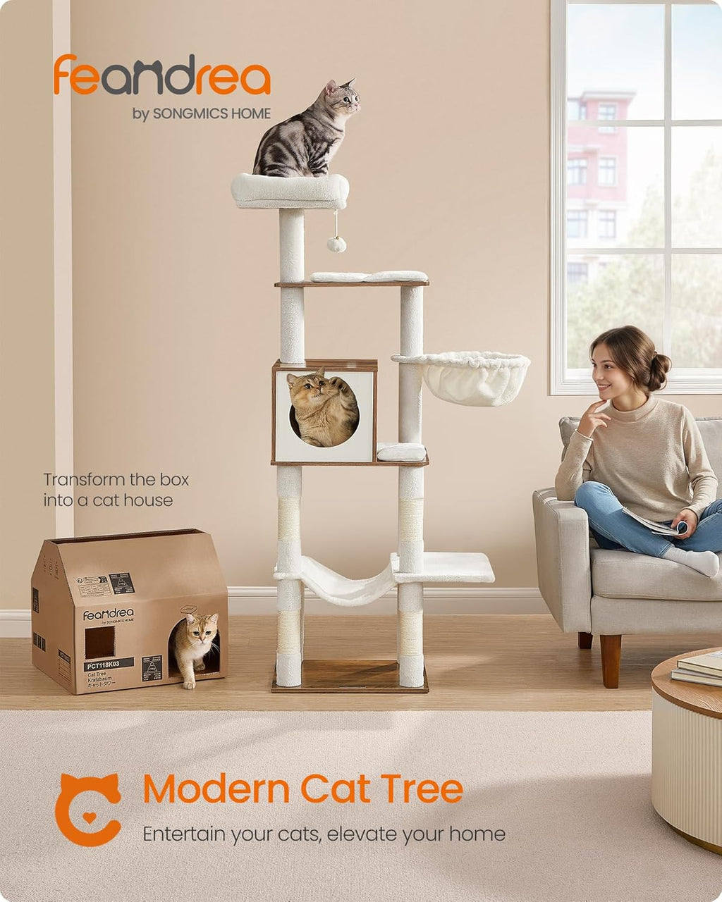 Feandrea Cat Tree, 65-Inch Tall Cat Tower, Multi-Level Condo with Cave