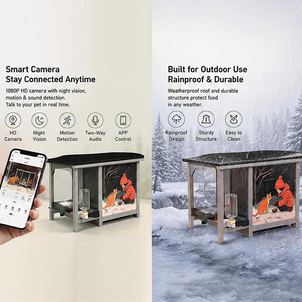 Outdoor Cat Feeder with Camera, All-Weather Smart Feeding Station with Step-On Lid, 11L Large Capacity, Asphalt Roof, Built-in Water Bottle & Night Vision for Stray Cats (Grey)