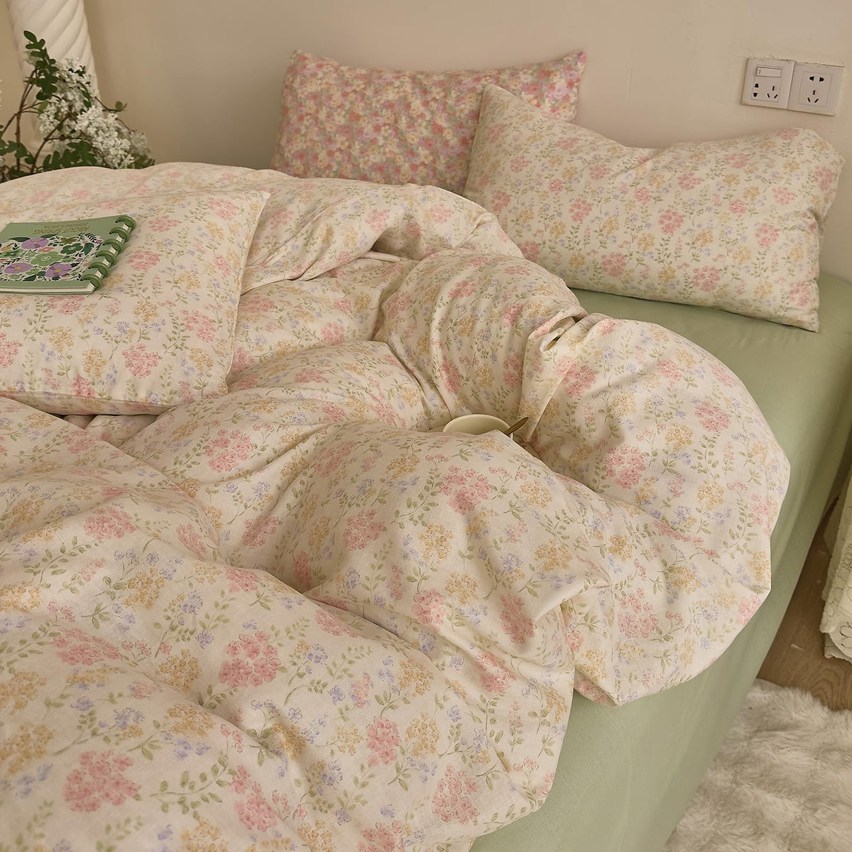 Floral Duvet Cover Set Muslin Cotton Queen(90"x90"),Pink Flower