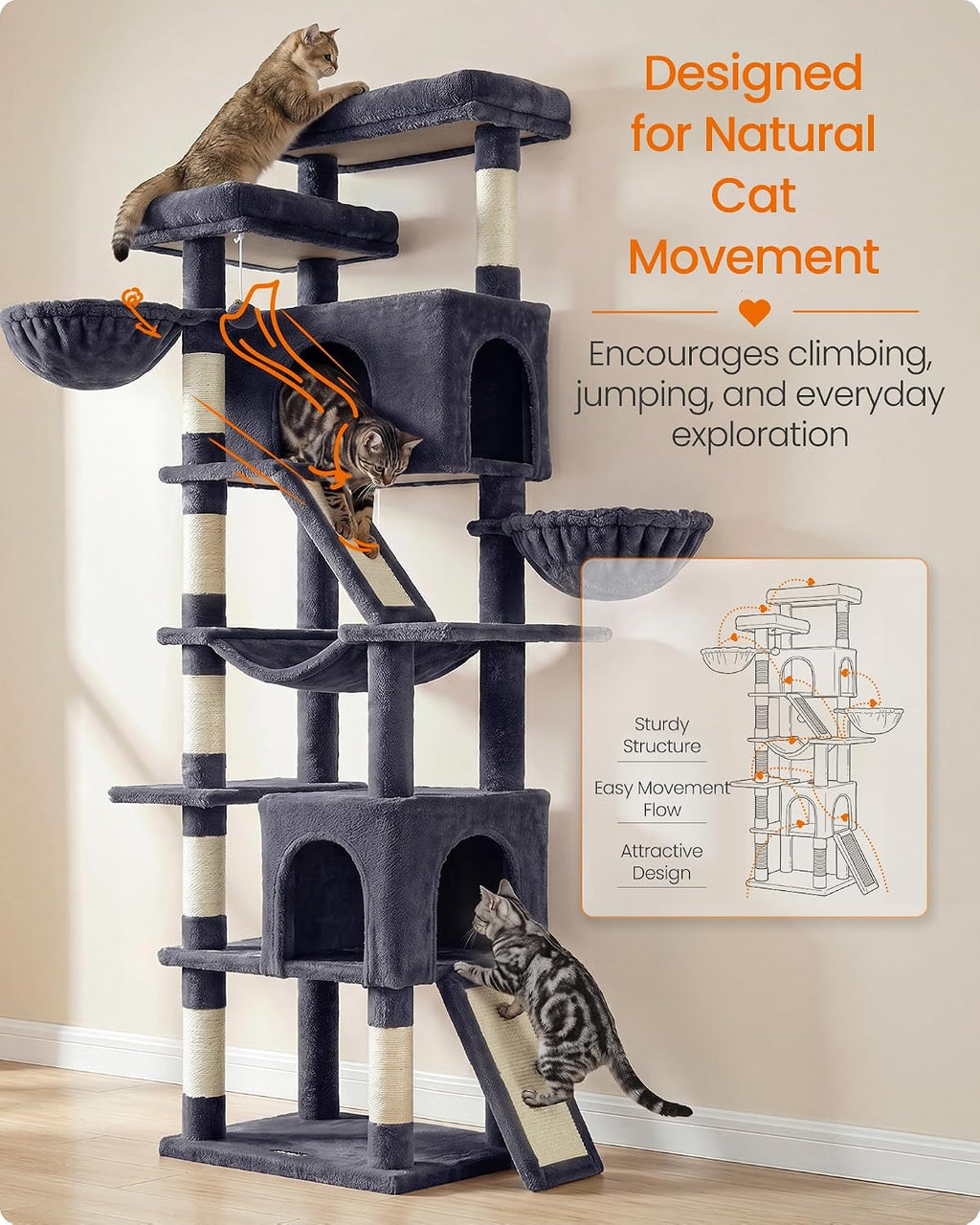 Feandrea Large Cat Tree, 81.1" Tall Sturdy Cat Tower for Indoor, Dark Gray