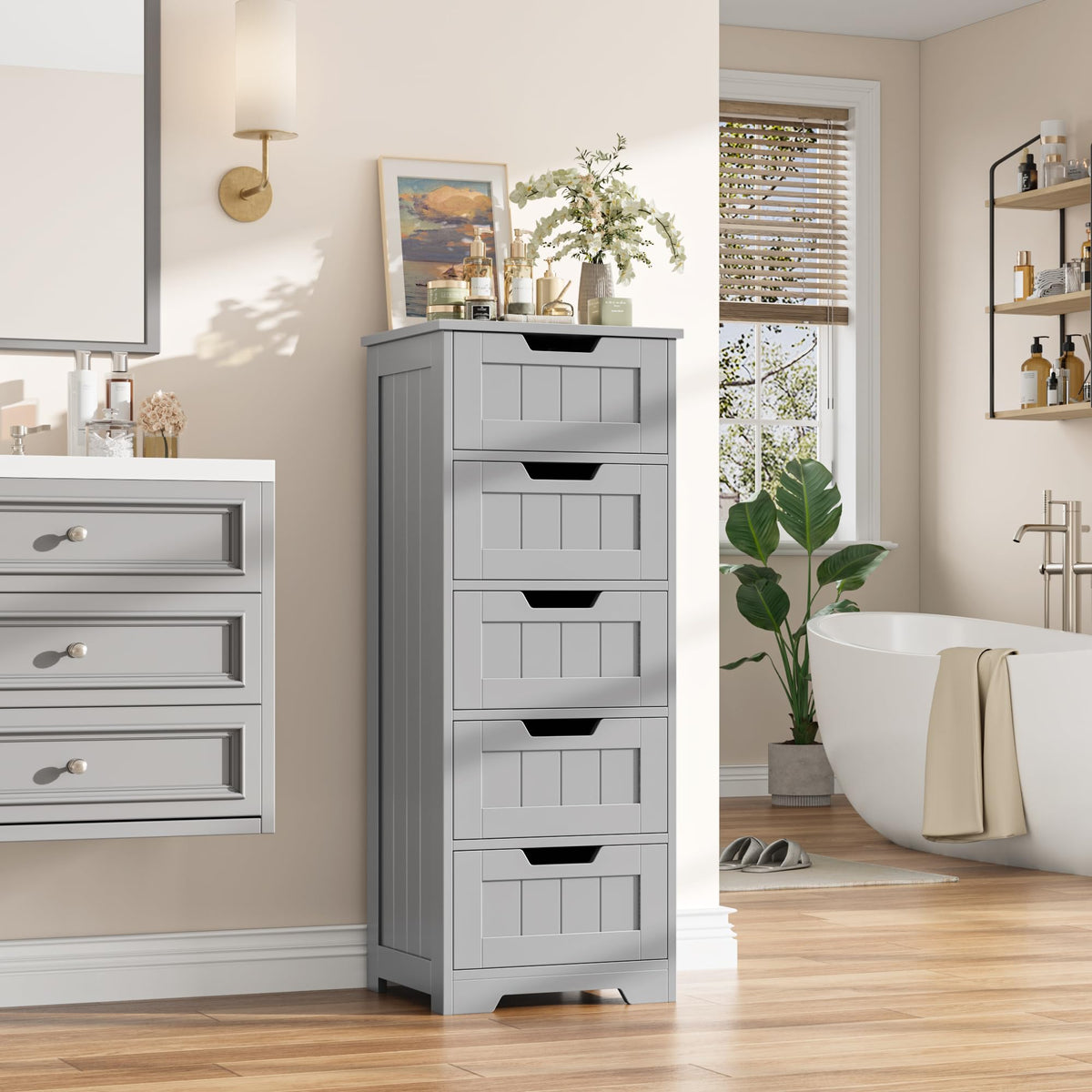 FOTOSOK Bathroom Cabinet, Bathroom Storage Cabinet with 5 Drawers, White