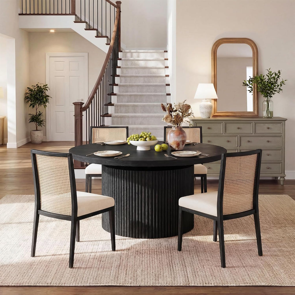 HUAHUU Extendable Round Dining Table for 4-8, 39in-77in Long Large Kitchen Table with Fluted Base, Space Saving Modern Farmhouse Oval Dinner Tables for Dining Room, Kitchen, Living Room, Black