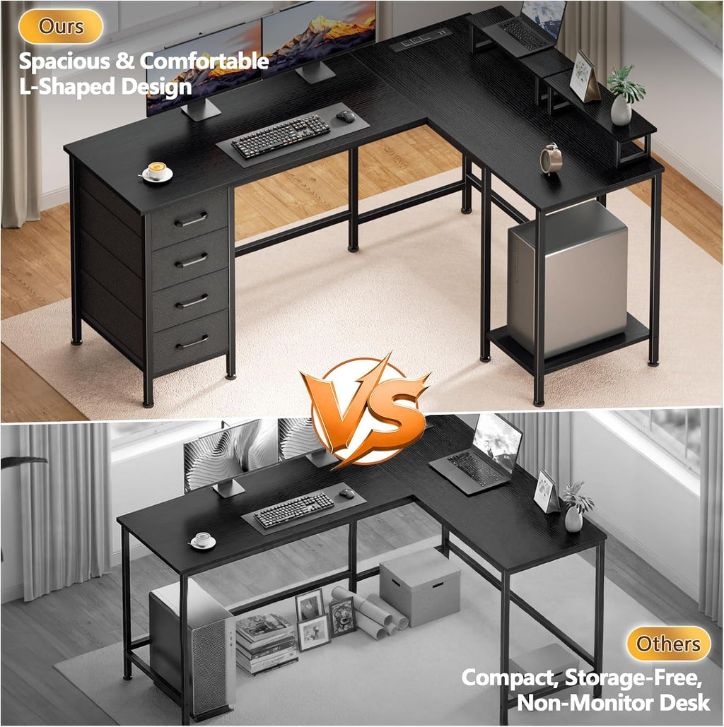 Korfile 59 inch L Shaped Computer Desk with Power Outlets, Black