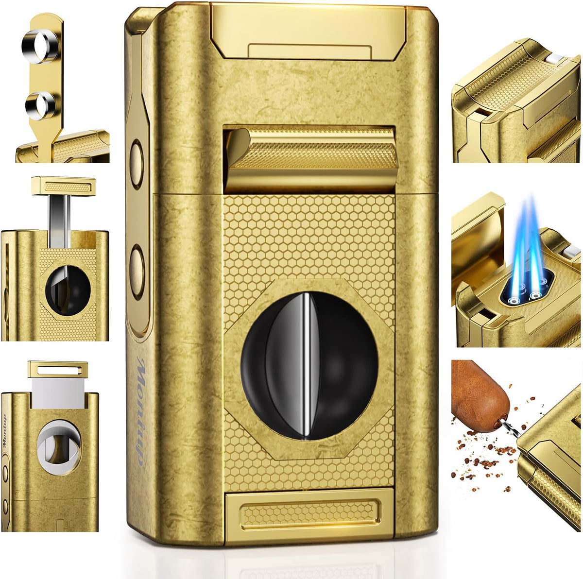 6-in-1 Cigar Torch Lighter, with Straight&V Cigar Cutter, 2 Cigar Punches, Cigar Draw Enhancer, Cigar Holder, Quad Flame Windproof Butane Lighter, Multifunctional Cigar Accessories, Gifts for Men