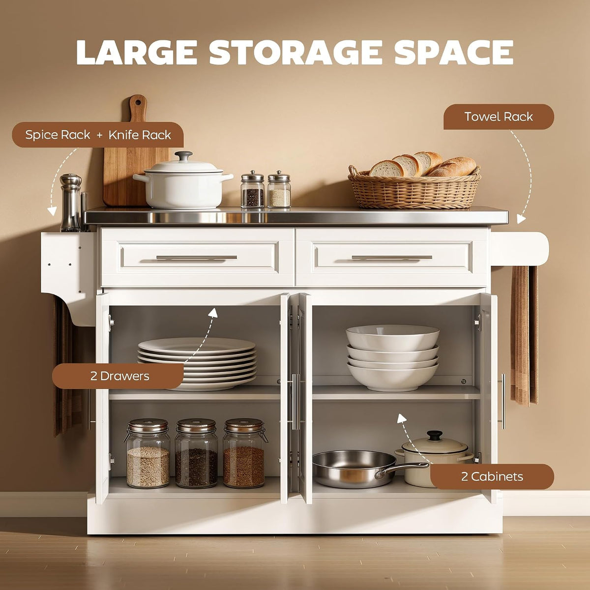 HOMCOM Rolling Kitchen Island Cart with 47" Stainless Steel Top White