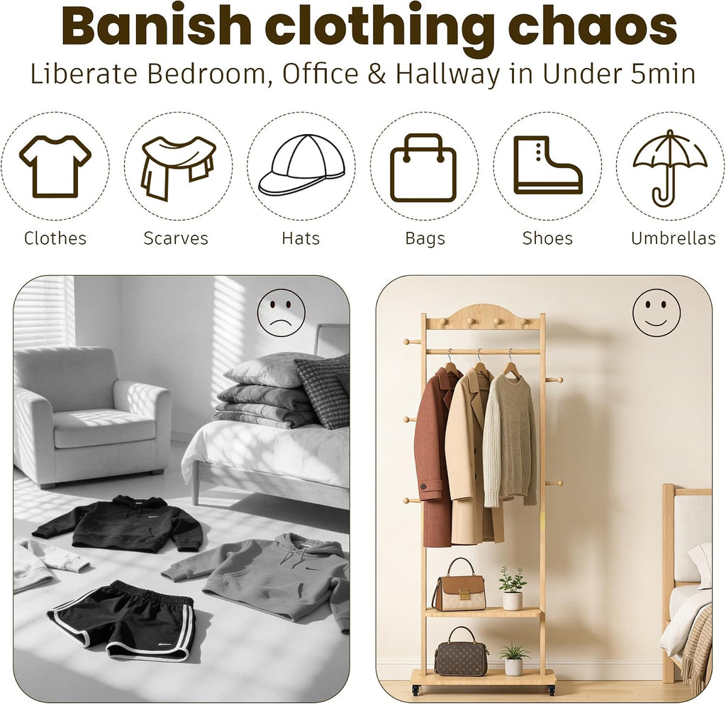 Solid Wood Coat Rack, Freestanding Clothes Rack with Wheels—Heavy Duty Clothes Rack with 2 Shelves, 4 Top Hooks & 5 Side Hooks Ideal for Wallets, Hats, Shoes, Clothes(Natural)