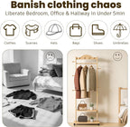Solid Wood Coat Rack, Freestanding Clothes Rack with Wheels—Heavy Duty Clothes Rack with 2 Shelves, 4 Top Hooks & 5 Side Hooks Ideal for Wallets, Hats, Shoes, Clothes(Natural)