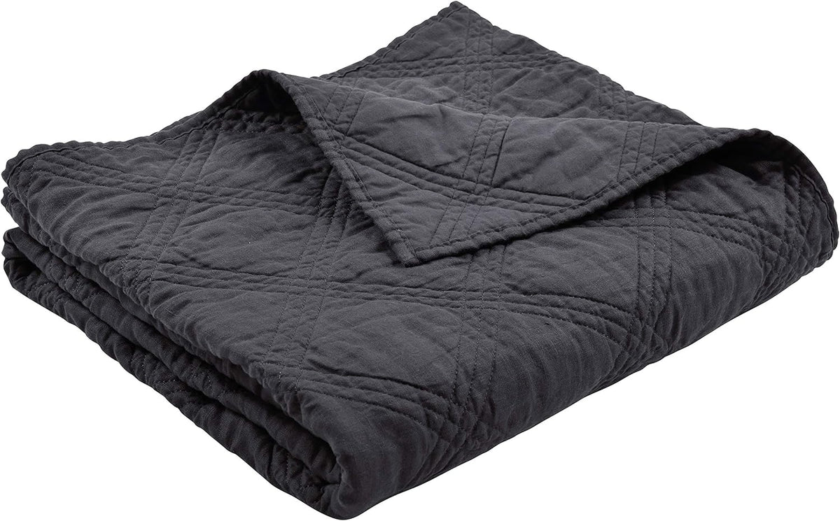 Levtex Home - 100% French Flax Linen Front/100% Cotton Back - Quilted Throw - French Flax Washed Linen - Charcoal - Throw Size (50 x 60in.)