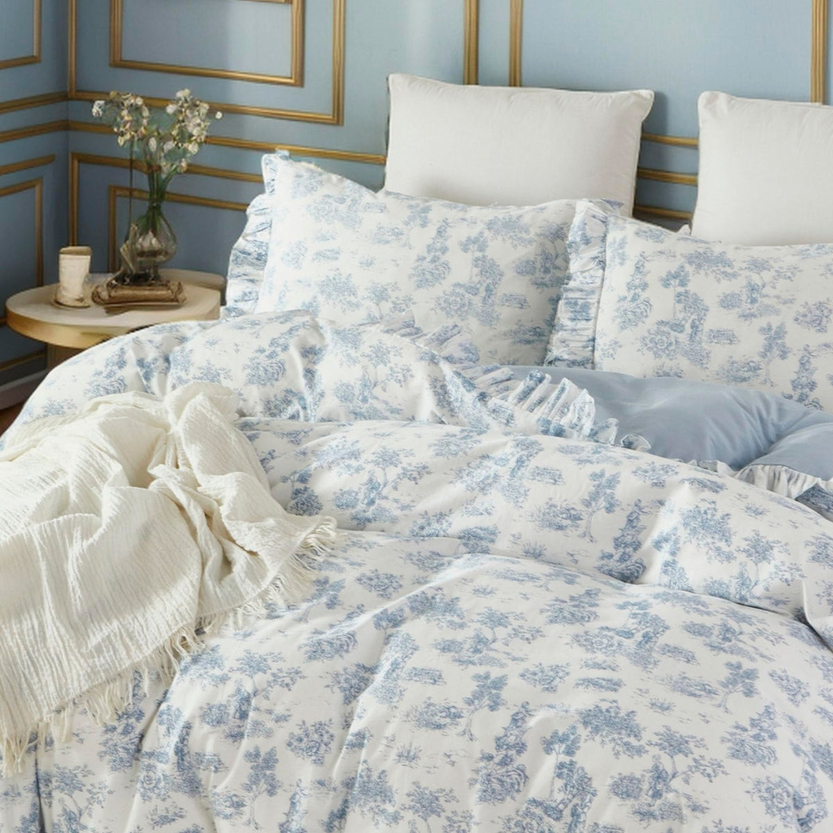 Brandream French Country Toile Queen Duvet Cover Set for Girl Women Bedroom Vintage Pink Toile Floral Print 100% Cotton Duvet Quilt Comforter Cover Pillow Shams Set with Delicate Ruffle Fringe
