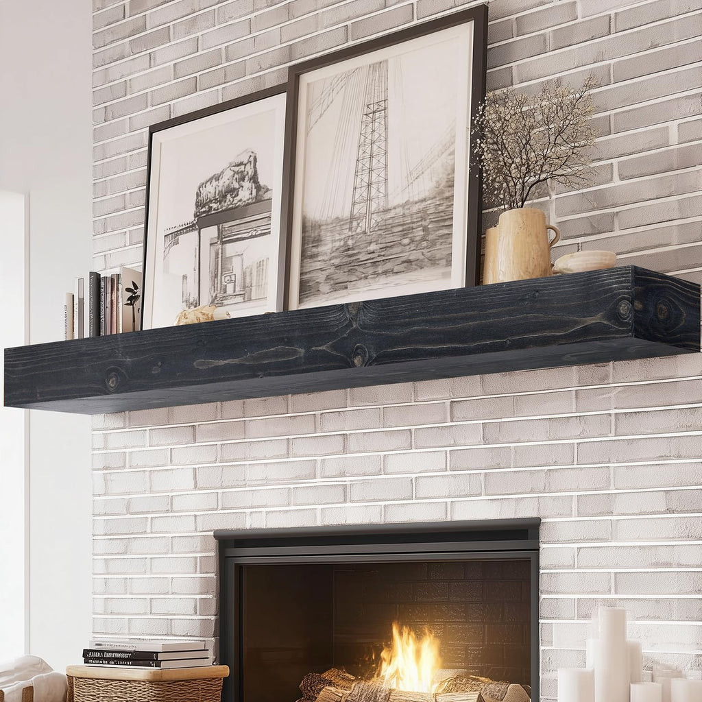 60x8x3in Rustic Fireplace Mantel Pine Wood, Weathered Brown