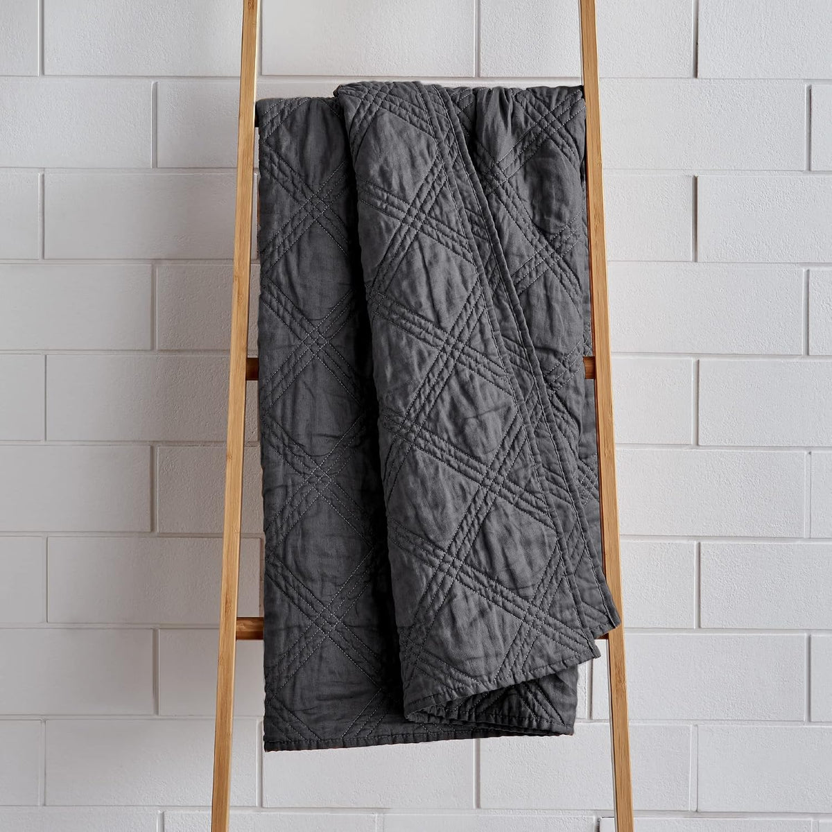 Levtex Home - 100% French Flax Linen Front/100% Cotton Back - Quilted Throw - French Flax Washed Linen - Charcoal - Throw Size (50 x 60in.)