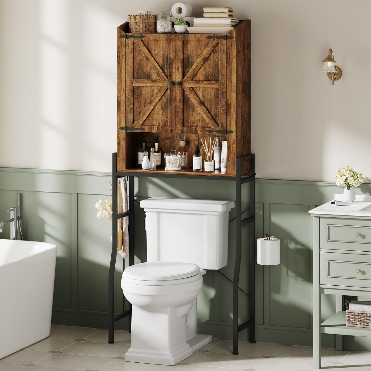 Memobarco Over The Toilet Storage Cabinet with 2-Door & Metal Stand, White