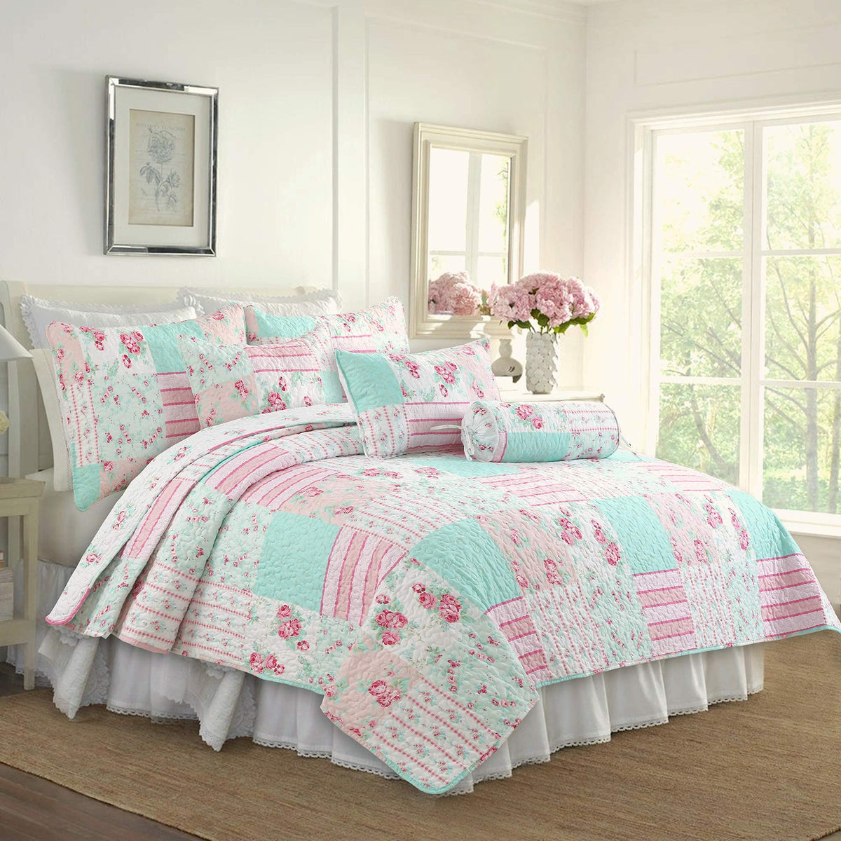 Cozy Line Home Fashions Turquoise Blue Coral Floral Leaf Reversible Quilt Bedding Set, Coverlet Bedspread Lightweight for All Seasons (Mirage Paisley, King - 6 Piece)