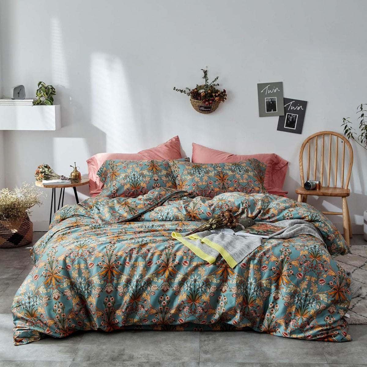 LifeTB Green Floral 100% Jersey Knit Cotton Duvet Cover Queen Vintage Style Botanical Floral Bedding Set Chic Shabby Green Floral Comforter Cover Girl Women Flower Bedding Cover with 2 Pillowcases