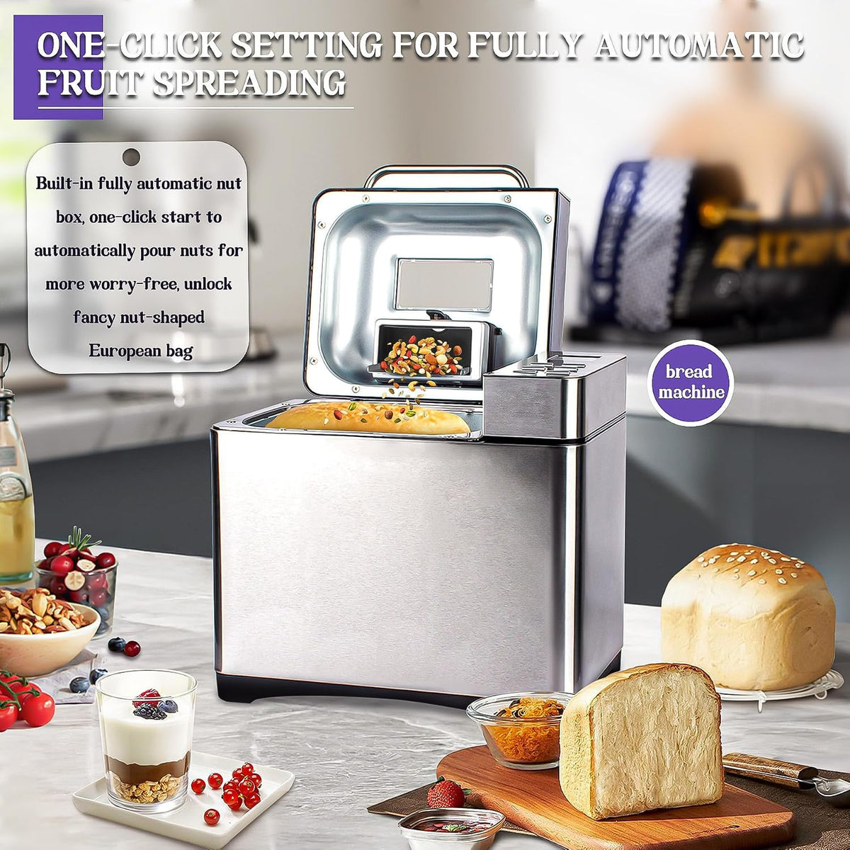 Stainless Steel Bread Machine, 2LB 17-in-1 Bread Maker with Fruit Nut Dispenser, Nonstick Ceramic Pan& Digital Touch Panel, 3 Loaf Sizes 3 Crust Colors