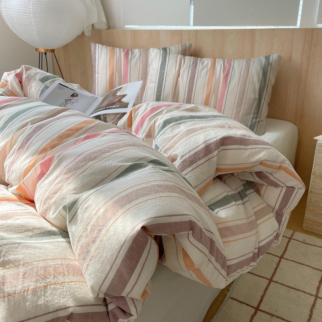 Plaid Duvet Cover Set Washed Cotton,Queen(90"x90"),Multicolor Gingham