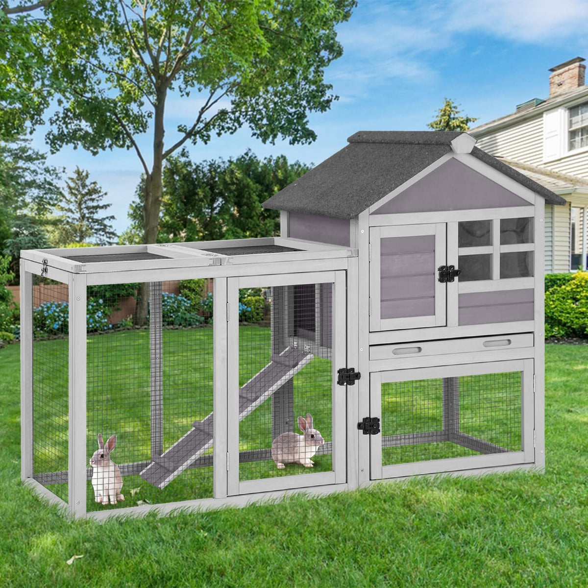 GUTINNEEN Large Rabbit Hutch Indoor with Chew-Proof Ramp, 62" L Wooden Rabbit Cage with 6 Casters, Bunny Cage with 2 Trays and 2 Story for Small to Medium Animals (Grey)