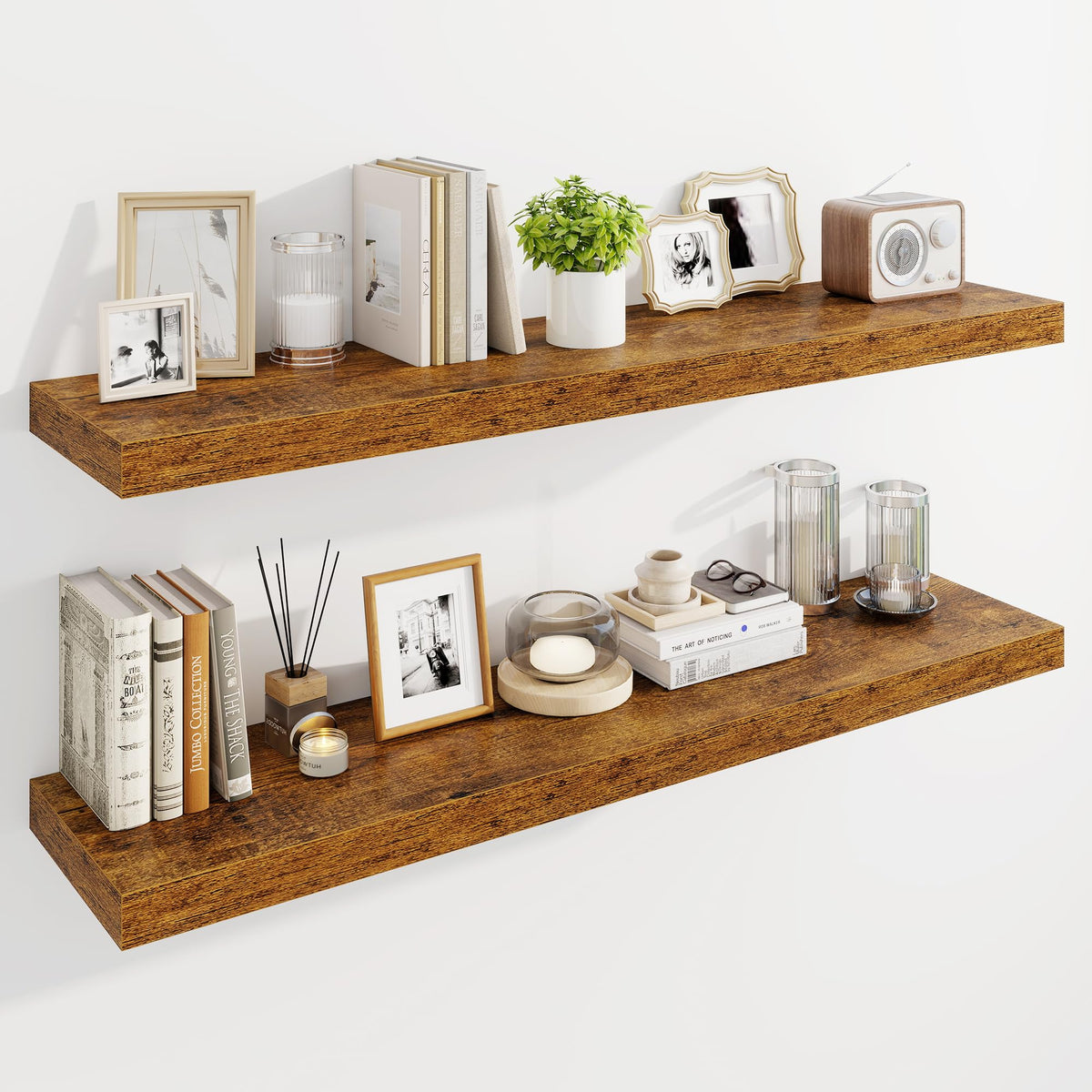 Marsmiles 55" Floating Shelves for Wall, Wooden Shelves with Invisible Brackets Set of 2, Rustic Farmhouse Wall Mounted Shelf for Kitchen Bathroom Living Room Study, White