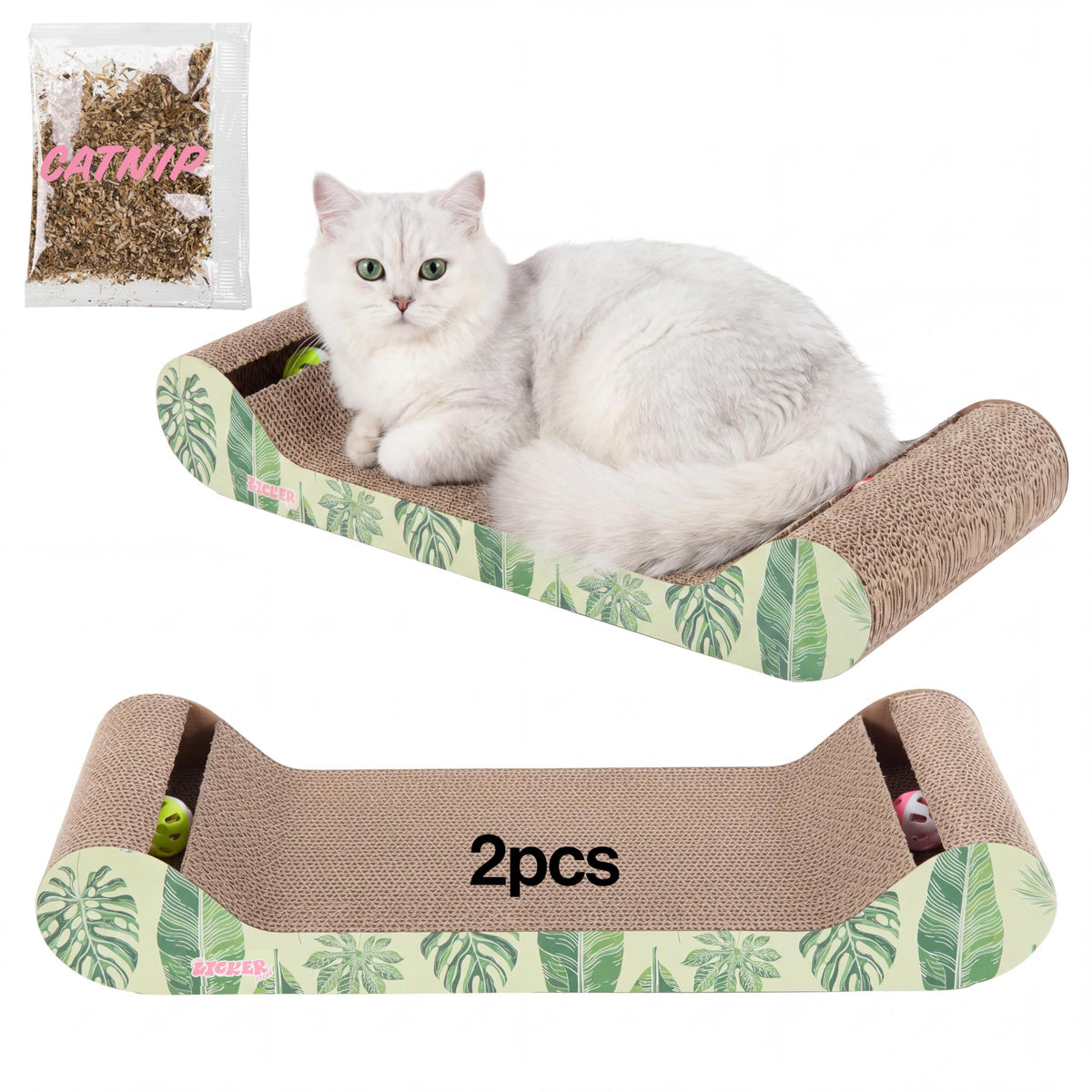 Rini 23.75" Modern Cardboard Cat Scratcher Lounge Bed with Built-in Bell Toys and Catnip, Ergonomic Curved Sofa Design, Oak Wood Finish, Set of 2 CSR1003C-SET2