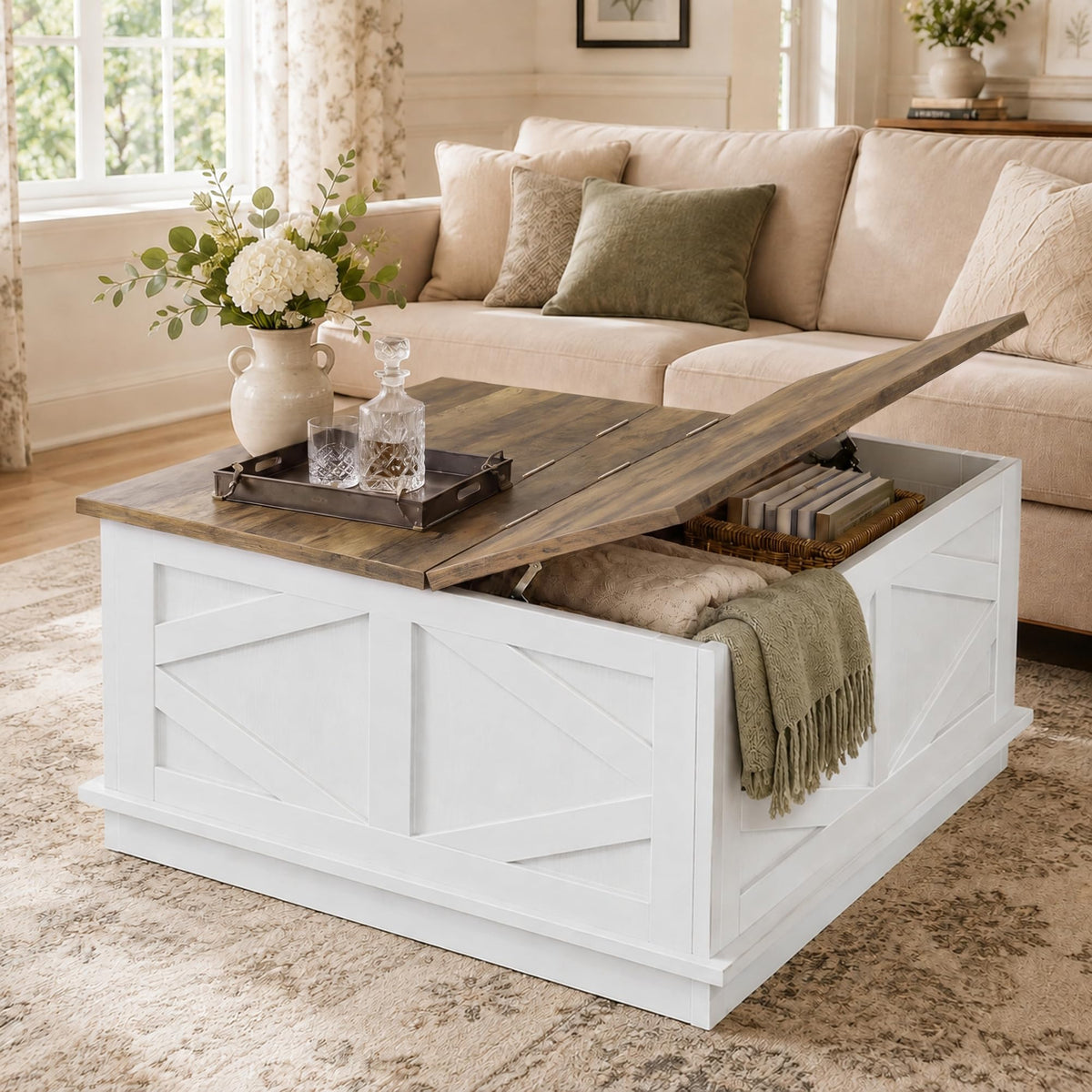 YESHOMY 31.5 Inch Square Farmhouse Coffee Table with Storage, Rustic Brown