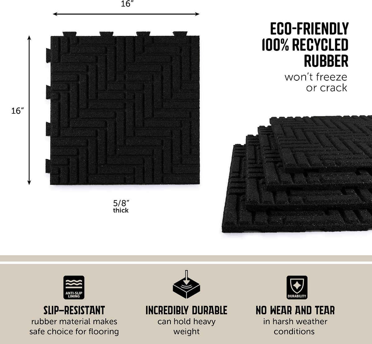 Playsafer Herringbone Rubber Interlocking Tiles | 16 X 16 | Easy Install for Indoor and Outdoor Use (Black, 20 Tiles)