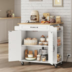 RALGEND Kitchen Island with Power Outlets & Drop Leaf, Small Rolling Kitchen Cart on Wheels, Kitchen Storage Island with Spice Rack, Mobile Island Table for Kitchen, Dinning, White and Natural