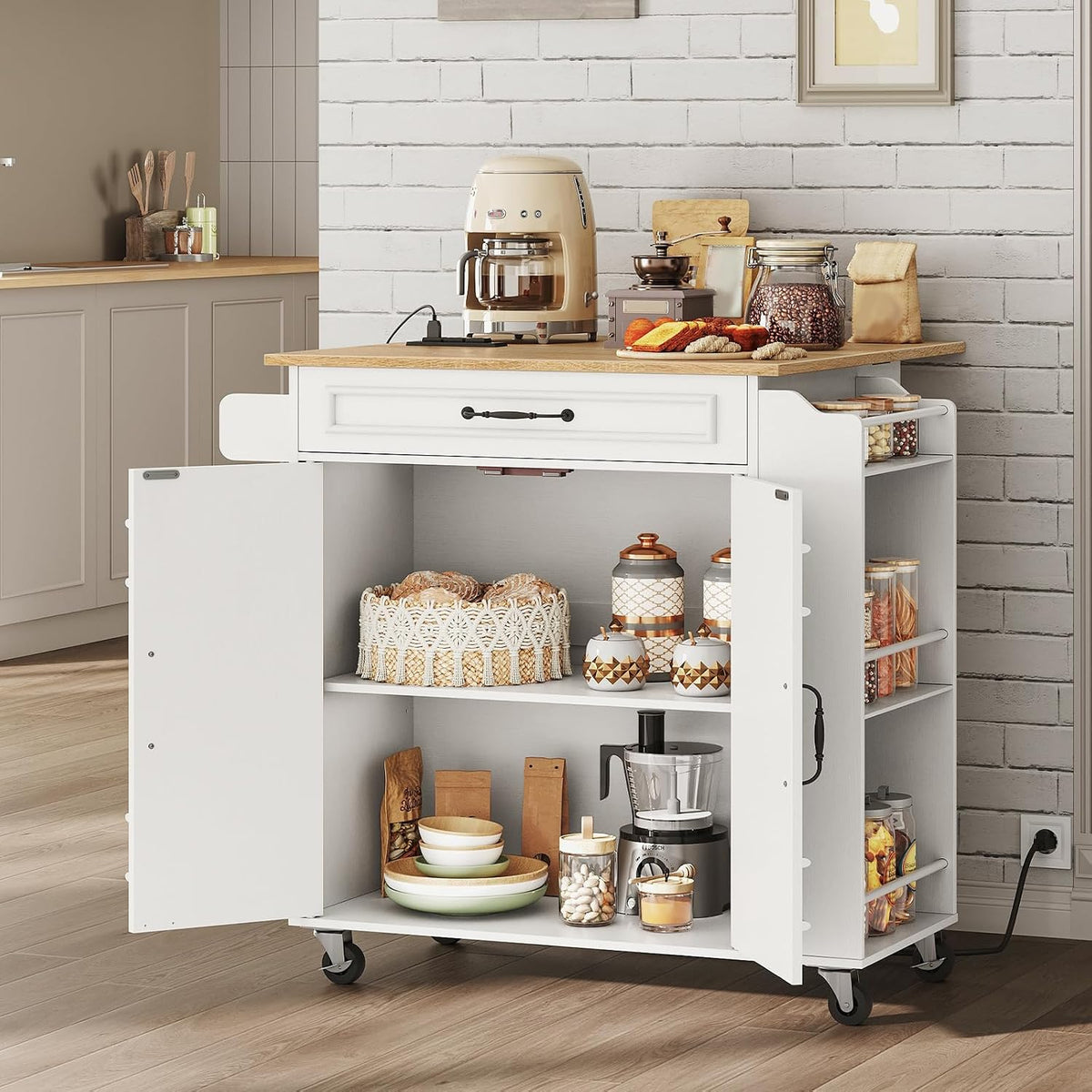 RALGEND Kitchen Island with Power Outlets & Drop Leaf, Small Rolling Kitchen Cart on Wheels, Kitchen Storage Island with Spice Rack, Mobile Island Table for Kitchen, Dinning, White and Natural