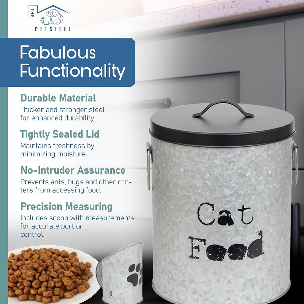 Medium Cat Up To 30lb Pet Food Storage Canister with Scoop – Durable & Airtight for Freshnesss, Minimalist Design & Recyclable, Huge Large Metal Container (Cat Bin - Medium Size)