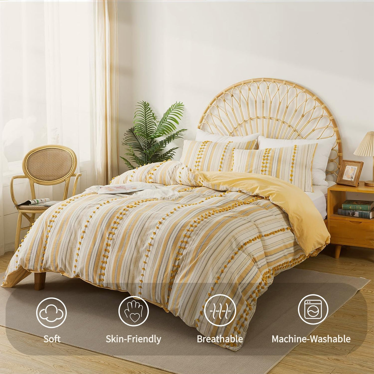 Washed Cotton Queen Size Duvet Cover Set - Tufted Dots Boho Chic Bedding for All Seasons, Striped Pom Pom Bedding Linen Like Textured Breathable Durable Soft Comfy (Yellow, 90x90'')