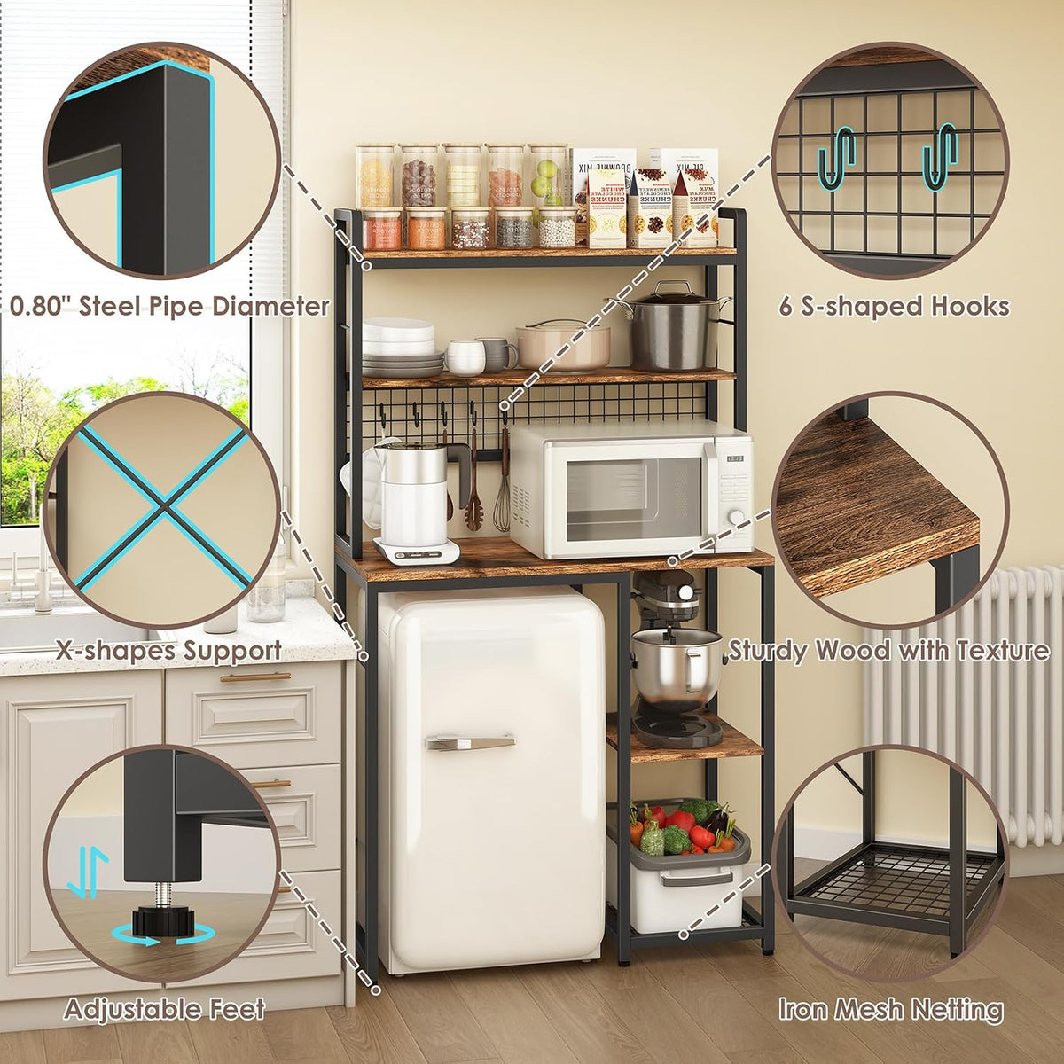 Multi-Functional Mini Fridge Stand, Mini Fridge and Microwave Storage Shelves with Power Outlet, Large Bakers Rack and Storage for Kitchen Appliances, Perfect for Dorm Kitchen Coffee Bar
