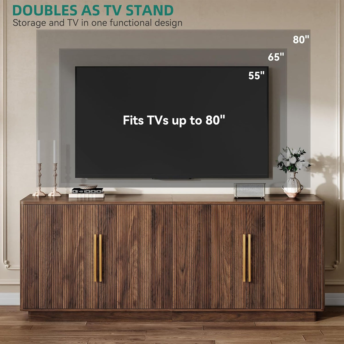 YITAHOME 70" TV Stand for up to 80" TVs with 4 Fluted Doors, Natural Oak